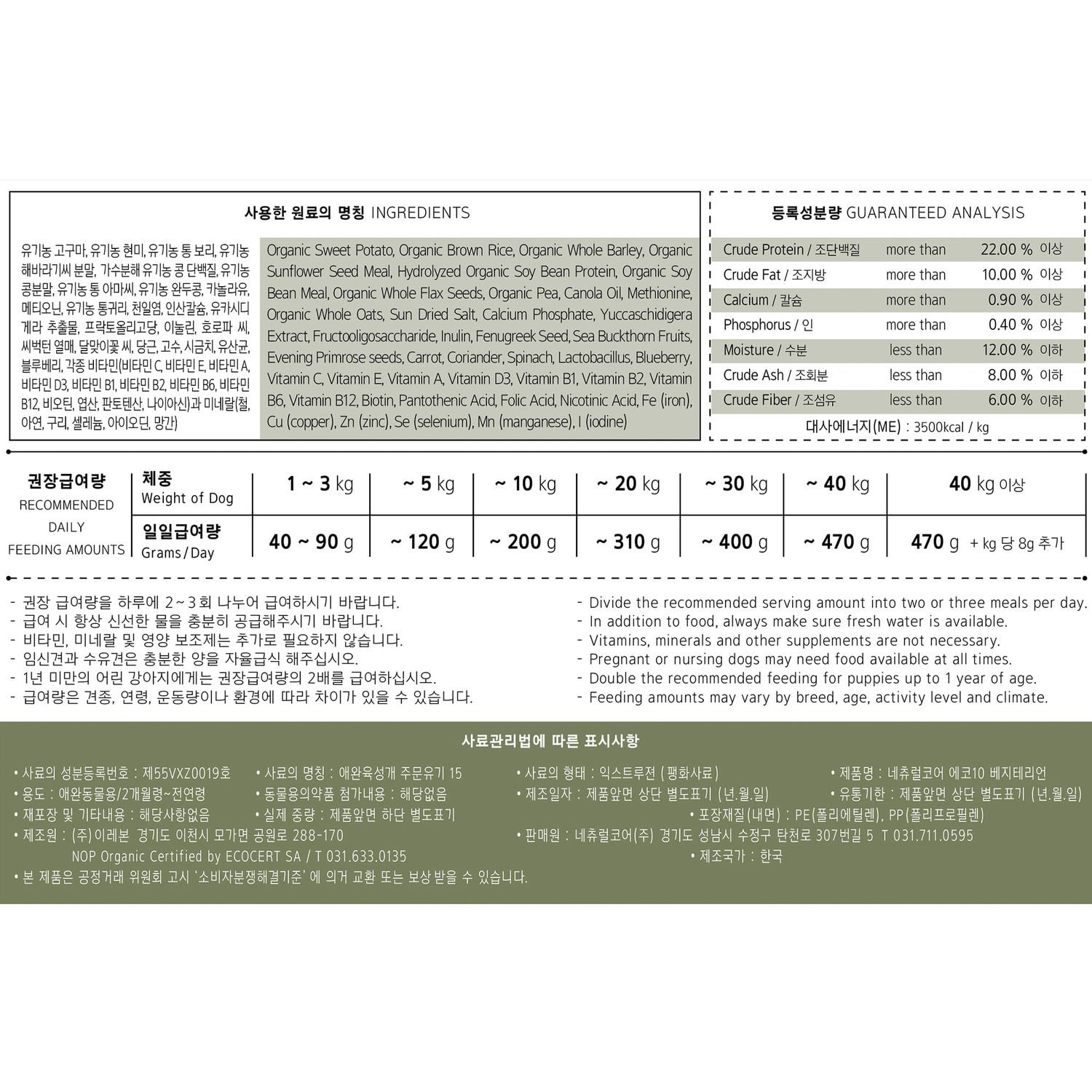 [사료샘플 증정] 네츄럴코어 독 사료 에코 10 베지테리언 작은알갱이 10kg